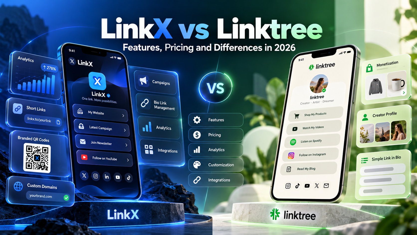 Comparison of LinkX and Linktree features, pricing and marketing tools